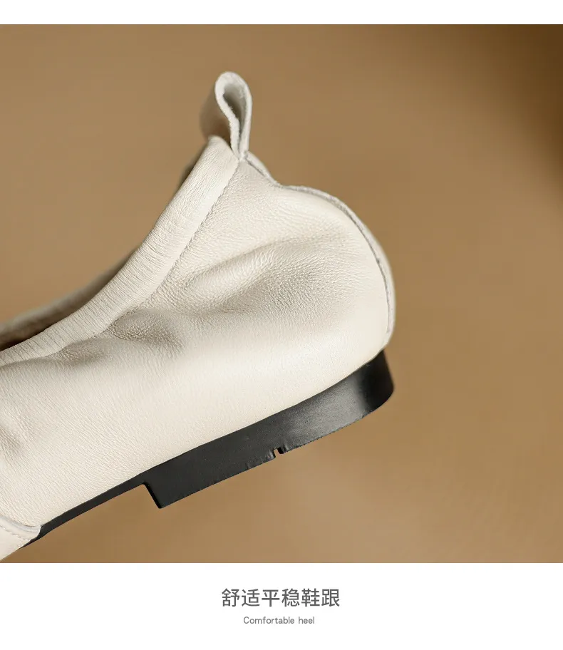 Autumn flat shoes, round toe, pearl-embellished sheepskin, comfortable Mary Jane ballet flats for women.