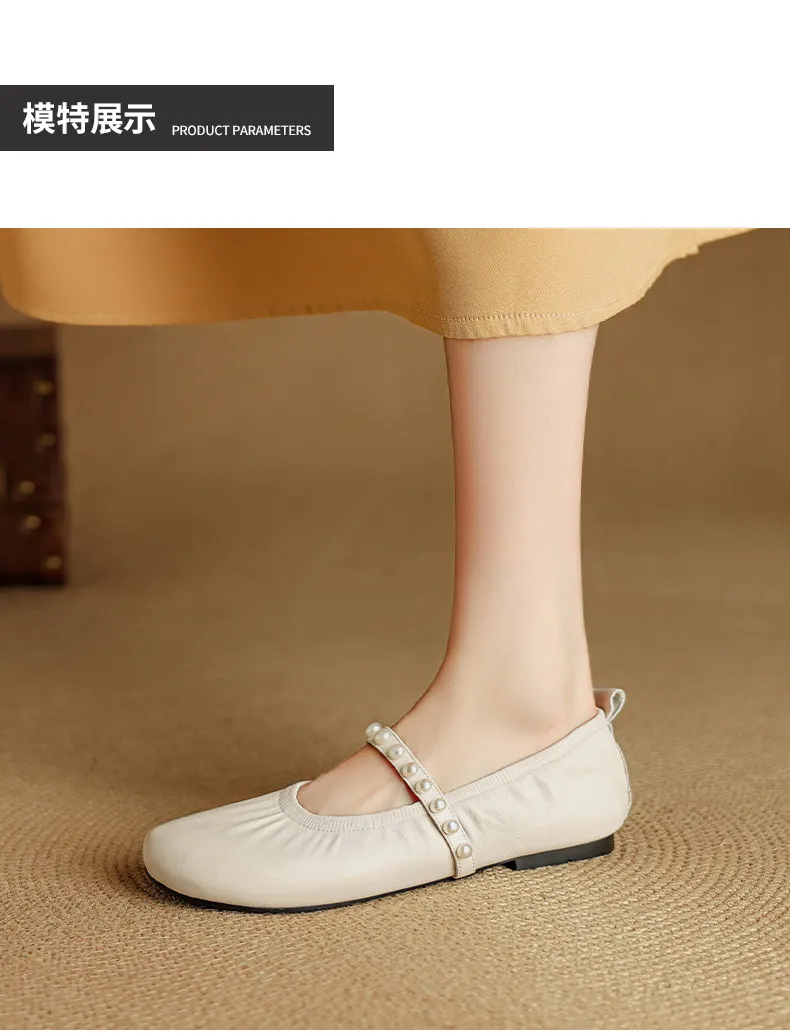 Autumn flat shoes, round toe, pearl-embellished sheepskin, comfortable Mary Jane ballet flats for women.