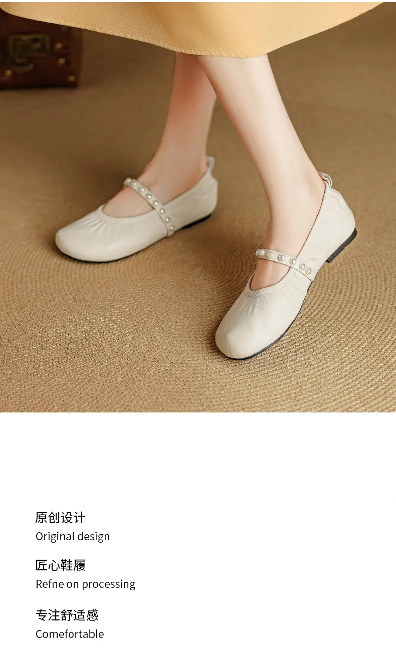 Autumn flat shoes, round toe, pearl-embellished sheepskin, comfortable Mary Jane ballet flats for women.