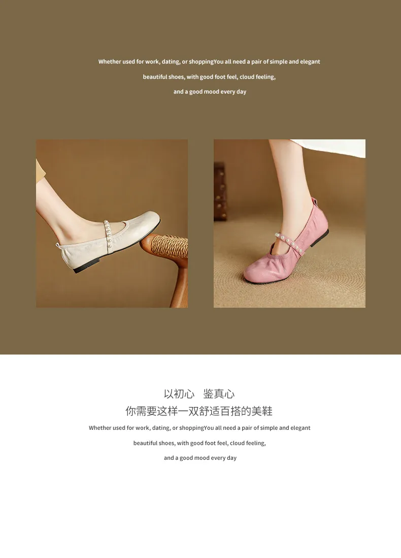 Autumn flat shoes, round toe, pearl-embellished sheepskin, comfortable Mary Jane ballet flats for women.