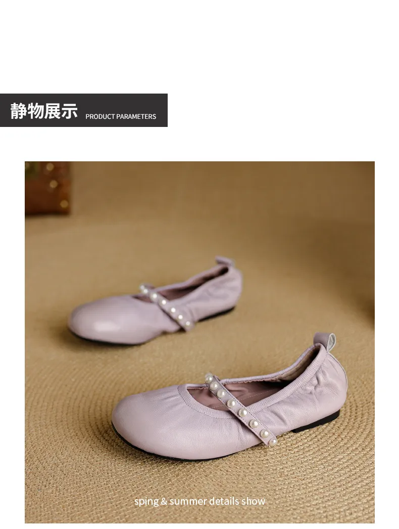 Autumn flat shoes, round toe, pearl-embellished sheepskin, comfortable Mary Jane ballet flats for women.