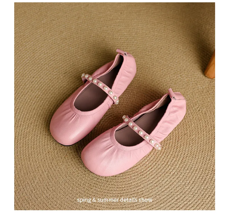 Autumn flat shoes, round toe, pearl-embellished sheepskin, comfortable Mary Jane ballet flats for women.