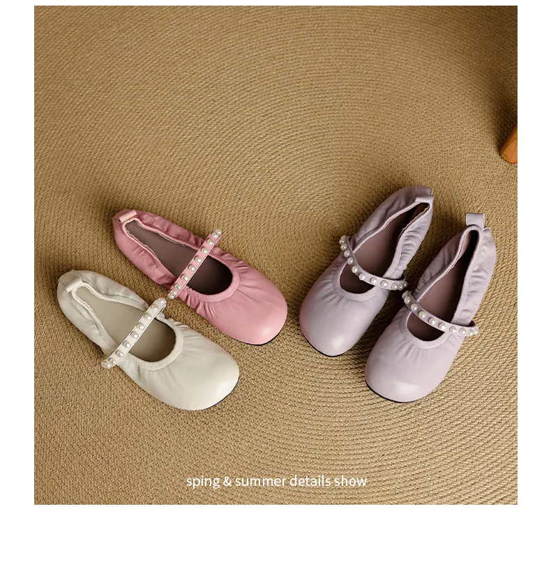 Autumn flat shoes, round toe, pearl-embellished sheepskin, comfortable Mary Jane ballet flats for women.