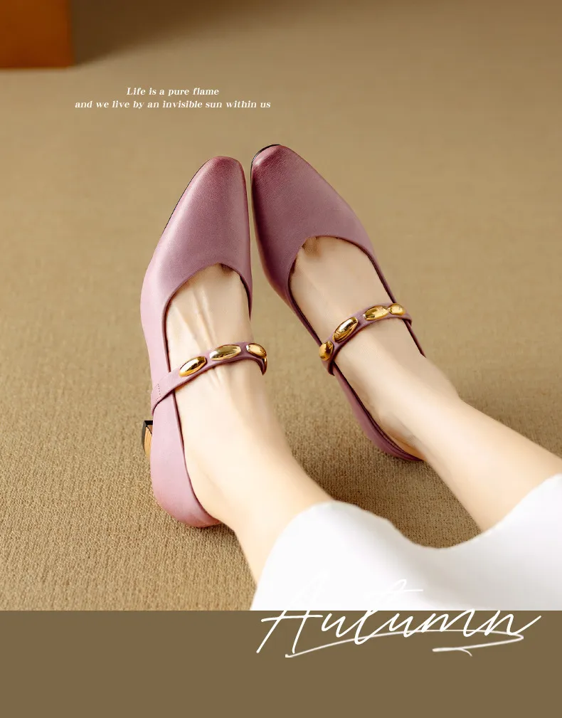 Autumn chunky heel square toe low-cut cowhide Mary Jane shoes with a retro one-strap design