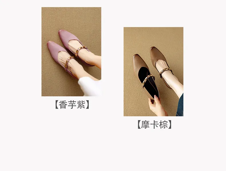 Autumn chunky heel square toe low-cut cowhide Mary Jane shoes with a retro one-strap design