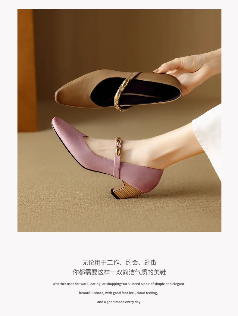 Autumn chunky heel square toe low-cut cowhide Mary Jane shoes with a retro one-strap design
