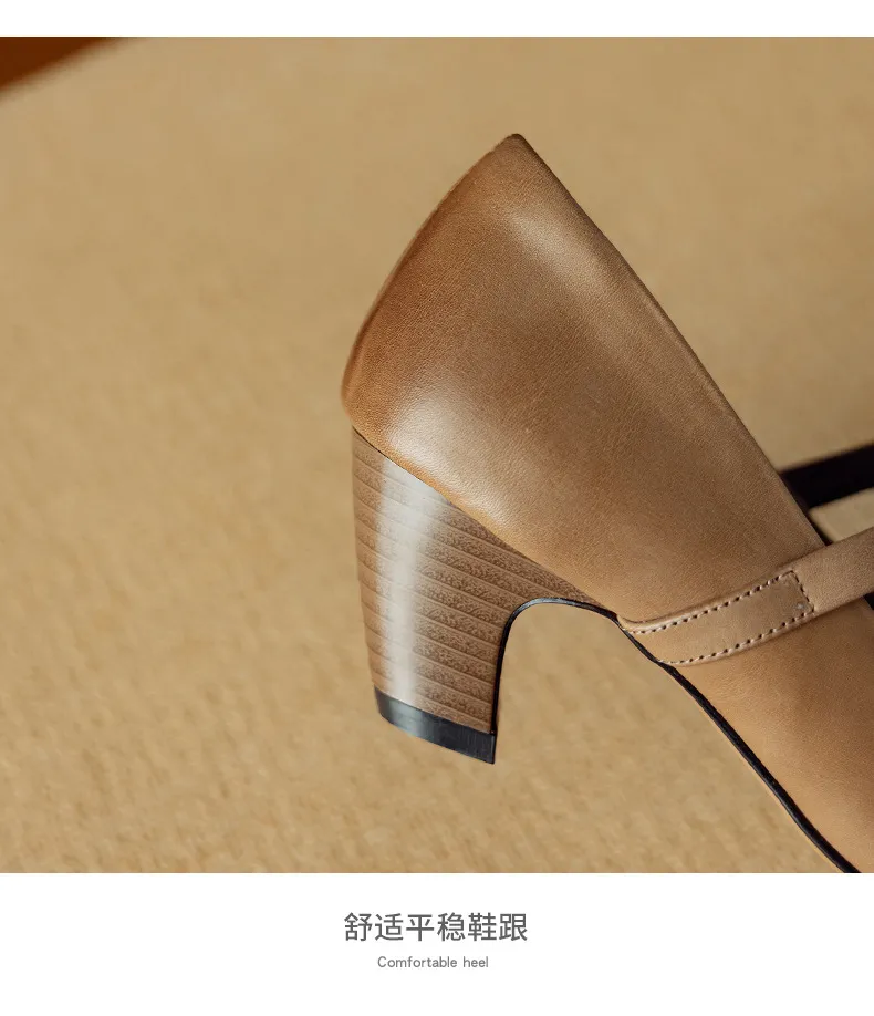 Autumn chunky heel square toe low-cut cowhide Mary Jane shoes with a retro one-strap design