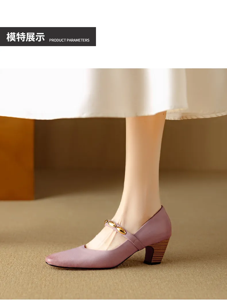 Autumn chunky heel square toe low-cut cowhide Mary Jane shoes with a retro one-strap design