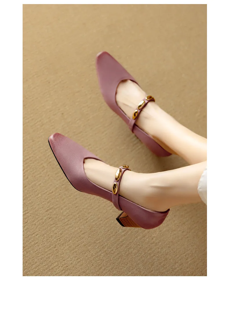 Autumn chunky heel square toe low-cut cowhide Mary Jane shoes with a retro one-strap design