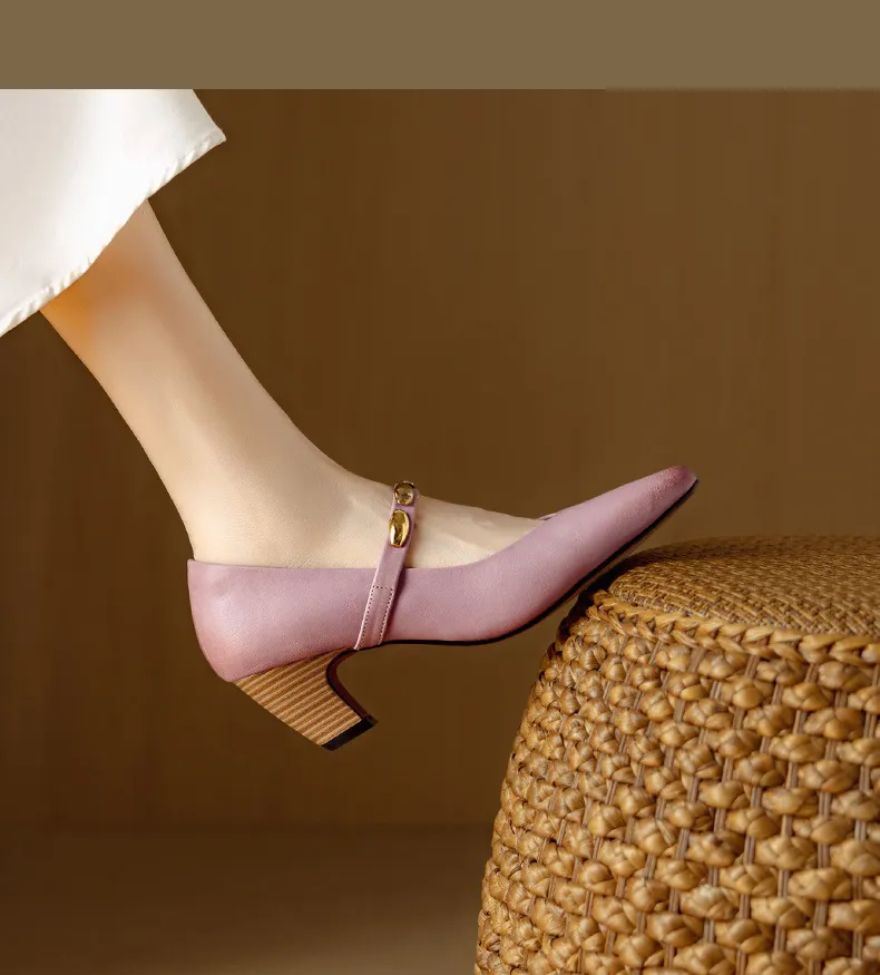 Autumn chunky heel square toe low-cut cowhide Mary Jane shoes with a retro one-strap design