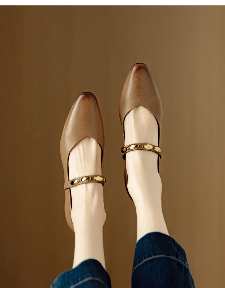 Autumn chunky heel square toe low-cut cowhide Mary Jane shoes with a retro one-strap design