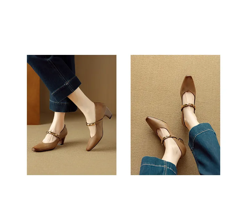 Autumn chunky heel square toe low-cut cowhide Mary Jane shoes with a retro one-strap design