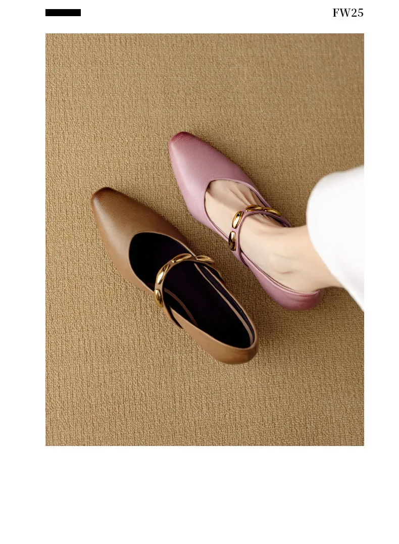 Autumn chunky heel square toe low-cut cowhide Mary Jane shoes with a retro one-strap design