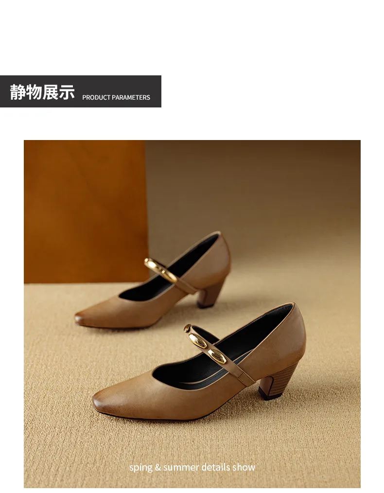 Autumn chunky heel square toe low-cut cowhide Mary Jane shoes with a retro one-strap design