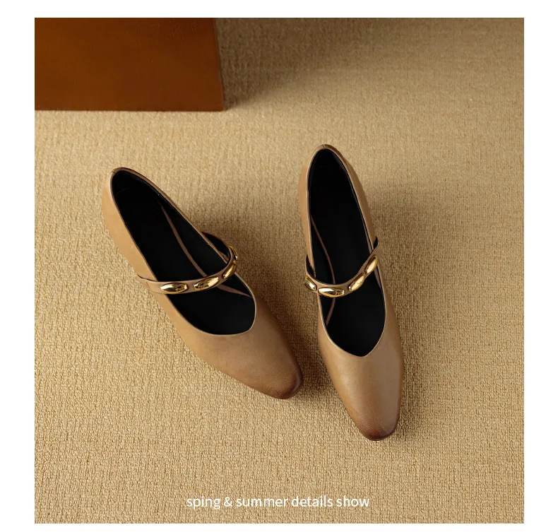 Autumn chunky heel square toe low-cut cowhide Mary Jane shoes with a retro one-strap design