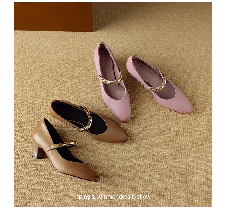 Autumn chunky heel square toe low-cut cowhide Mary Jane shoes with a retro one-strap design