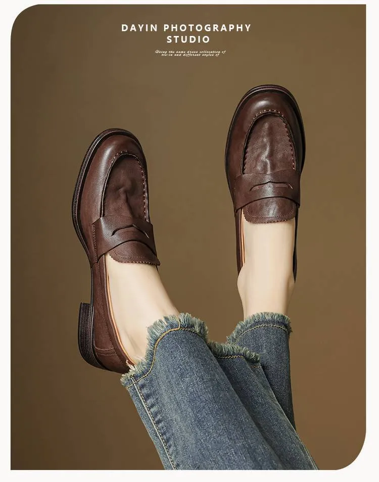 Genuine leather slip-on loafers for women, available in black and brown, perfect for autumn. Chunky heel, mid-heel, cowhide, round toe.