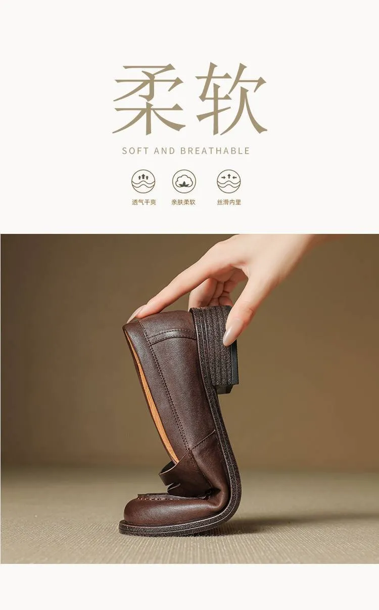 Genuine leather slip-on loafers for women, available in black and brown, perfect for autumn. Chunky heel, mid-heel, cowhide, round toe.