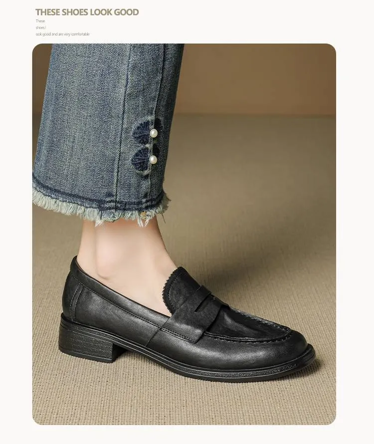 Genuine leather slip-on loafers for women, available in black and brown, perfect for autumn. Chunky heel, mid-heel, cowhide, round toe.