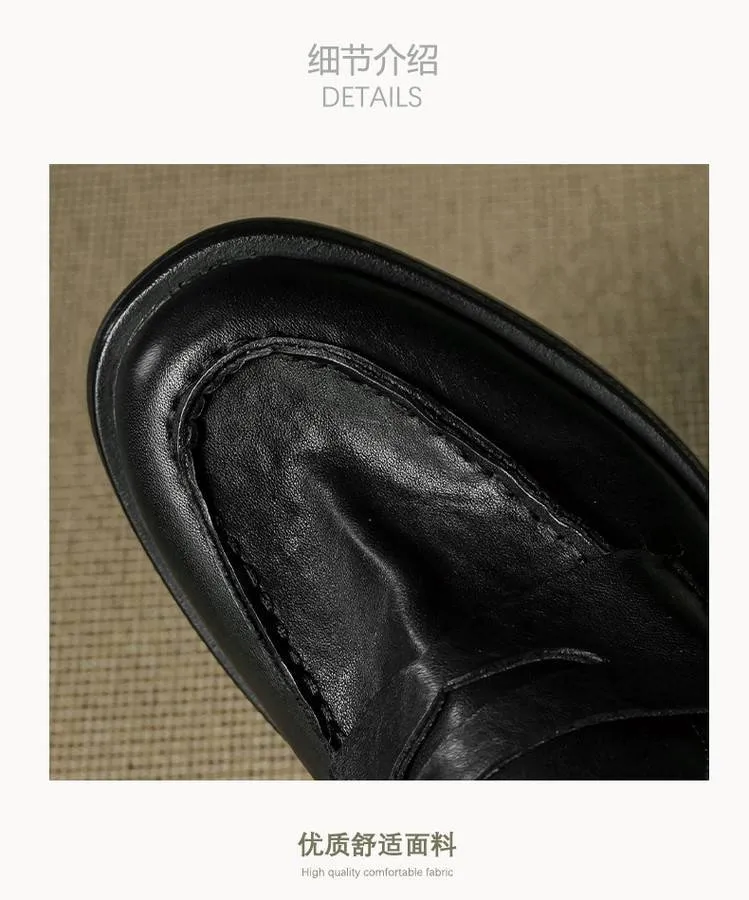 Genuine leather slip-on loafers for women, available in black and brown, perfect for autumn. Chunky heel, mid-heel, cowhide, round toe.