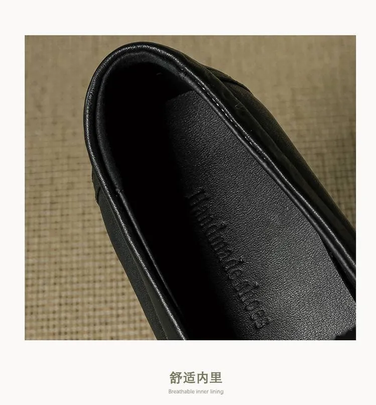 Genuine leather slip-on loafers for women, available in black and brown, perfect for autumn. Chunky heel, mid-heel, cowhide, round toe.