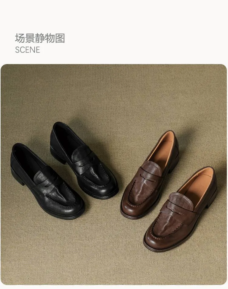 Genuine leather slip-on loafers for women, available in black and brown, perfect for autumn. Chunky heel, mid-heel, cowhide, round toe.
