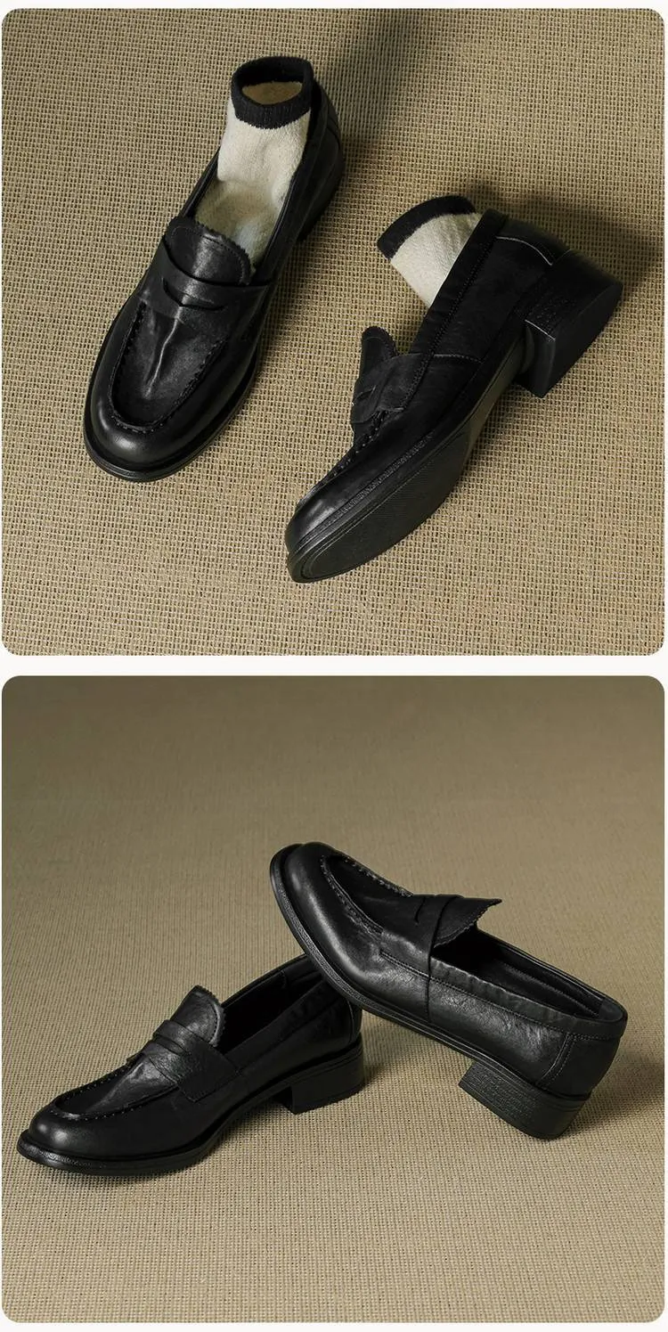 Genuine leather slip-on loafers for women, available in black and brown, perfect for autumn. Chunky heel, mid-heel, cowhide, round toe.