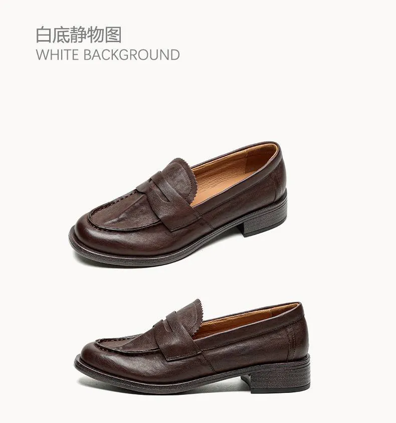 Genuine leather slip-on loafers for women, available in black and brown, perfect for autumn. Chunky heel, mid-heel, cowhide, round toe.
