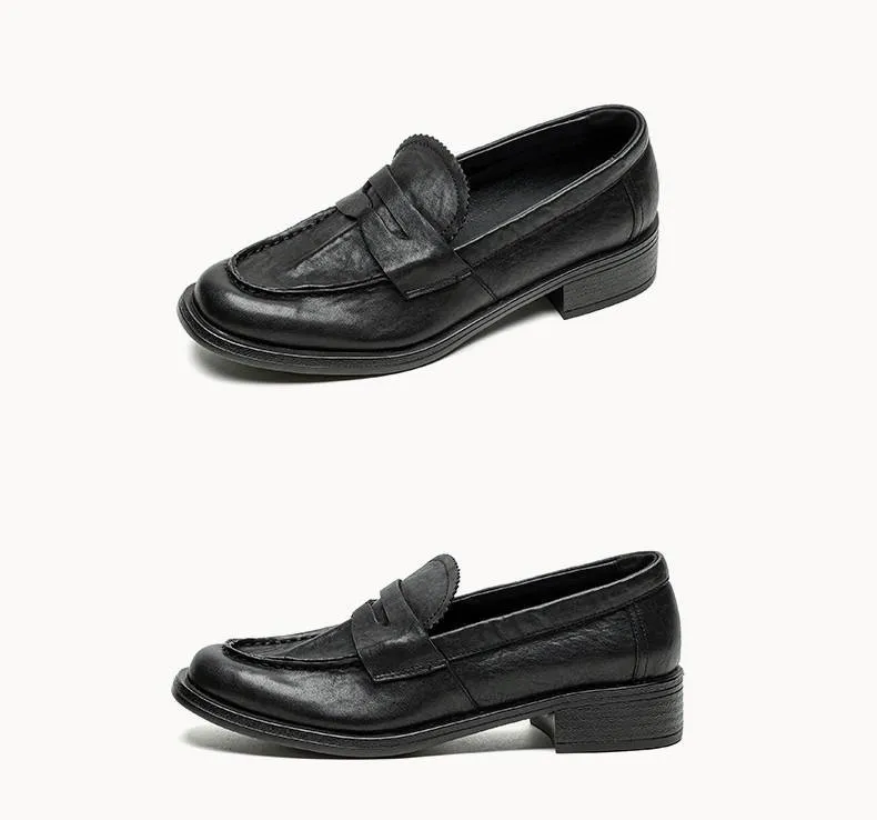 Genuine leather slip-on loafers for women, available in black and brown, perfect for autumn. Chunky heel, mid-heel, cowhide, round toe.