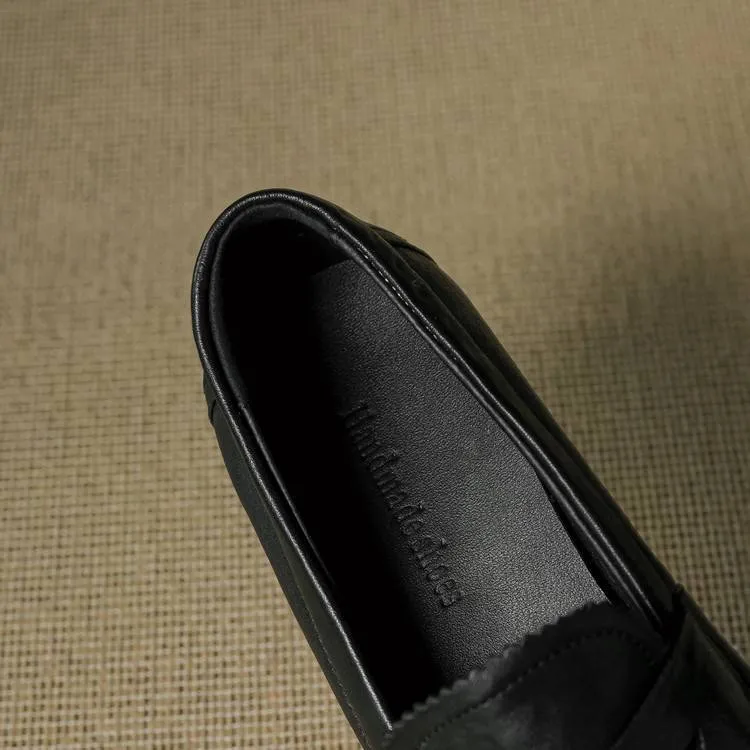 Genuine leather slip-on loafers for women, available in black and brown, perfect for autumn. Chunky heel, mid-heel, cowhide, round toe.