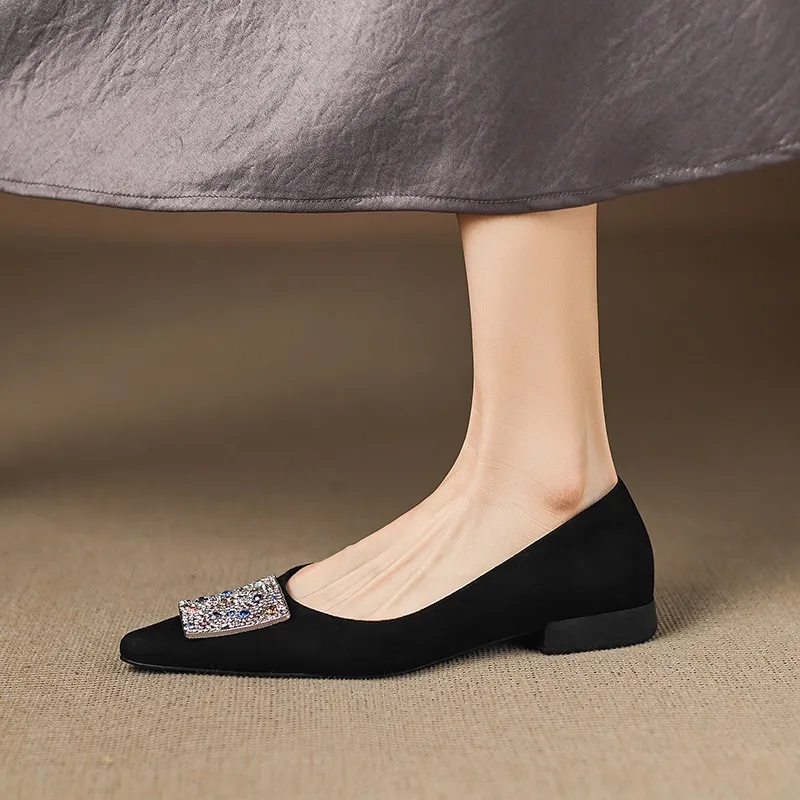 Autumn pointed-toe chunky heel mid-heel flats, low-cut sheepskin rhinestone buckle fashion women's shoes