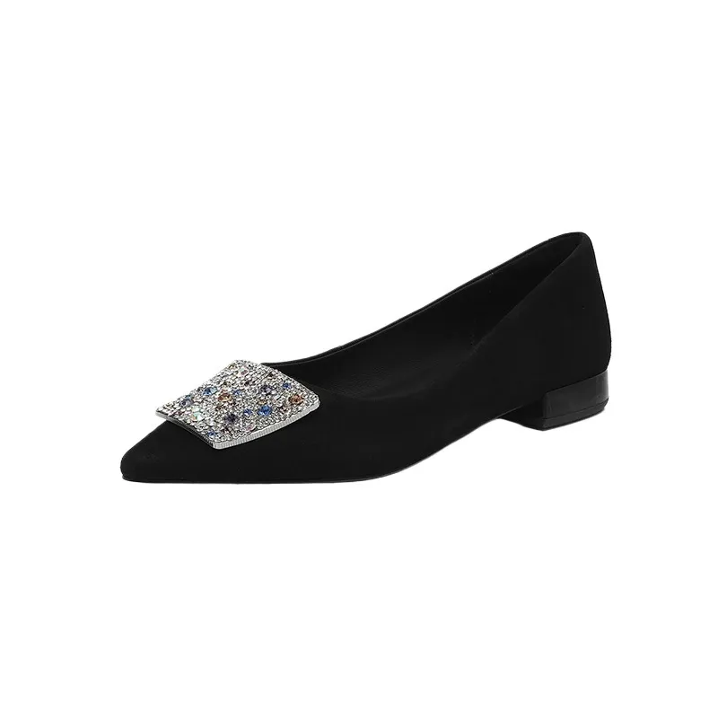 Autumn pointed-toe chunky heel mid-heel flats, low-cut sheepskin rhinestone buckle fashion women's shoes