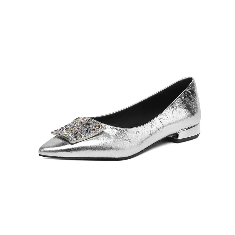 Autumn pointed-toe chunky heel mid-heel flats, low-cut sheepskin rhinestone buckle fashion women's shoes