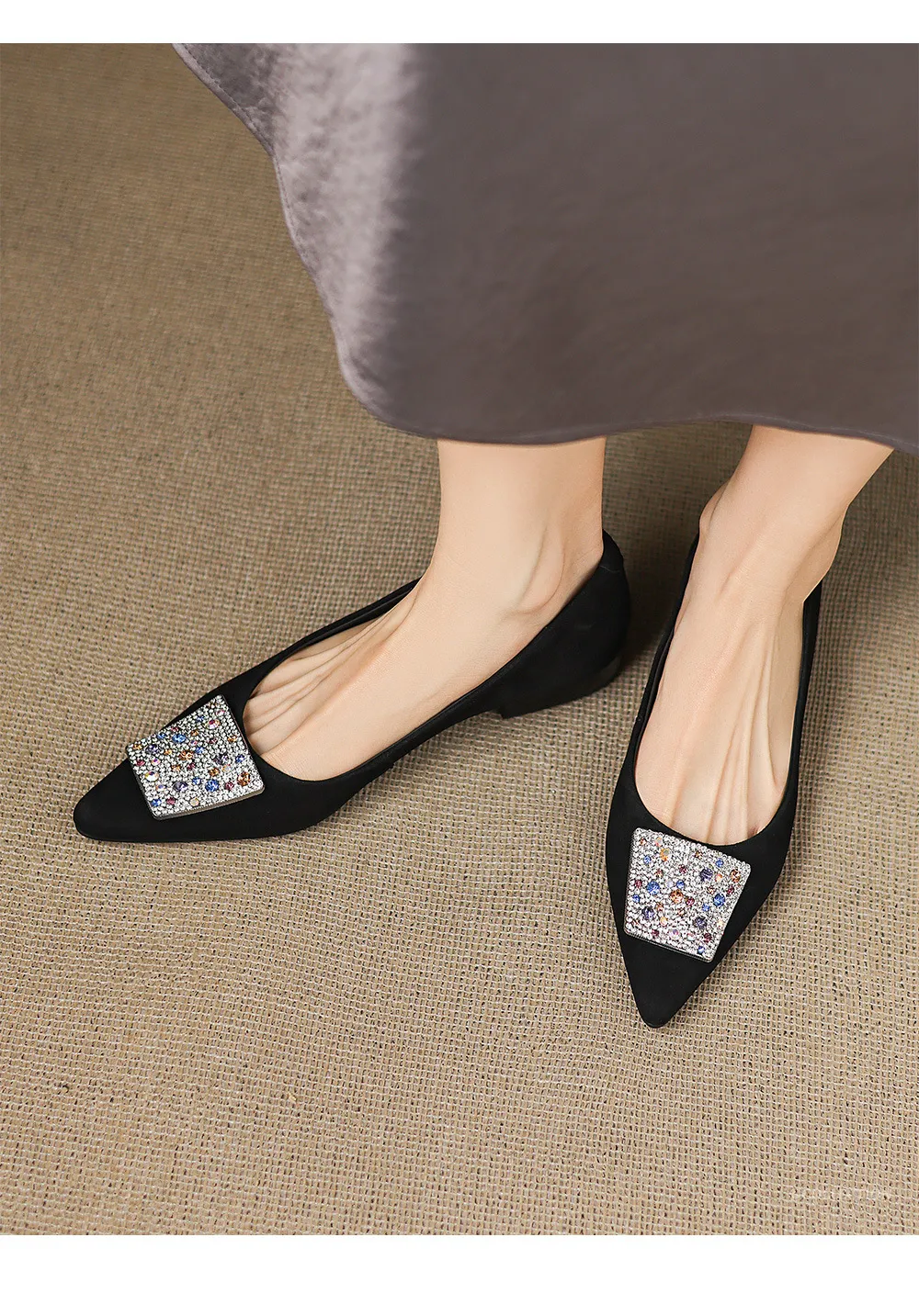 Autumn pointed-toe chunky heel mid-heel flats, low-cut sheepskin rhinestone buckle fashion women's shoes