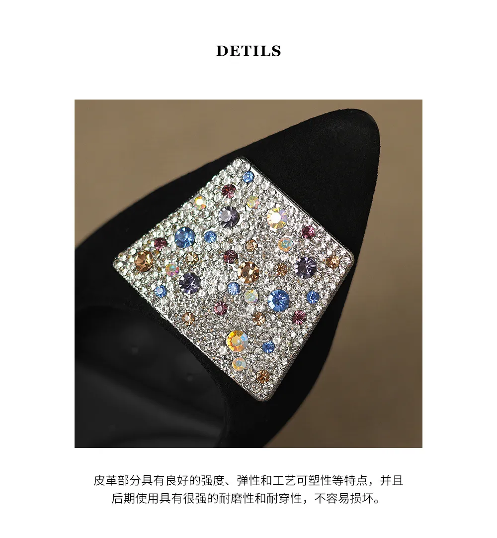 Autumn pointed-toe chunky heel mid-heel flats, low-cut sheepskin rhinestone buckle fashion women's shoes