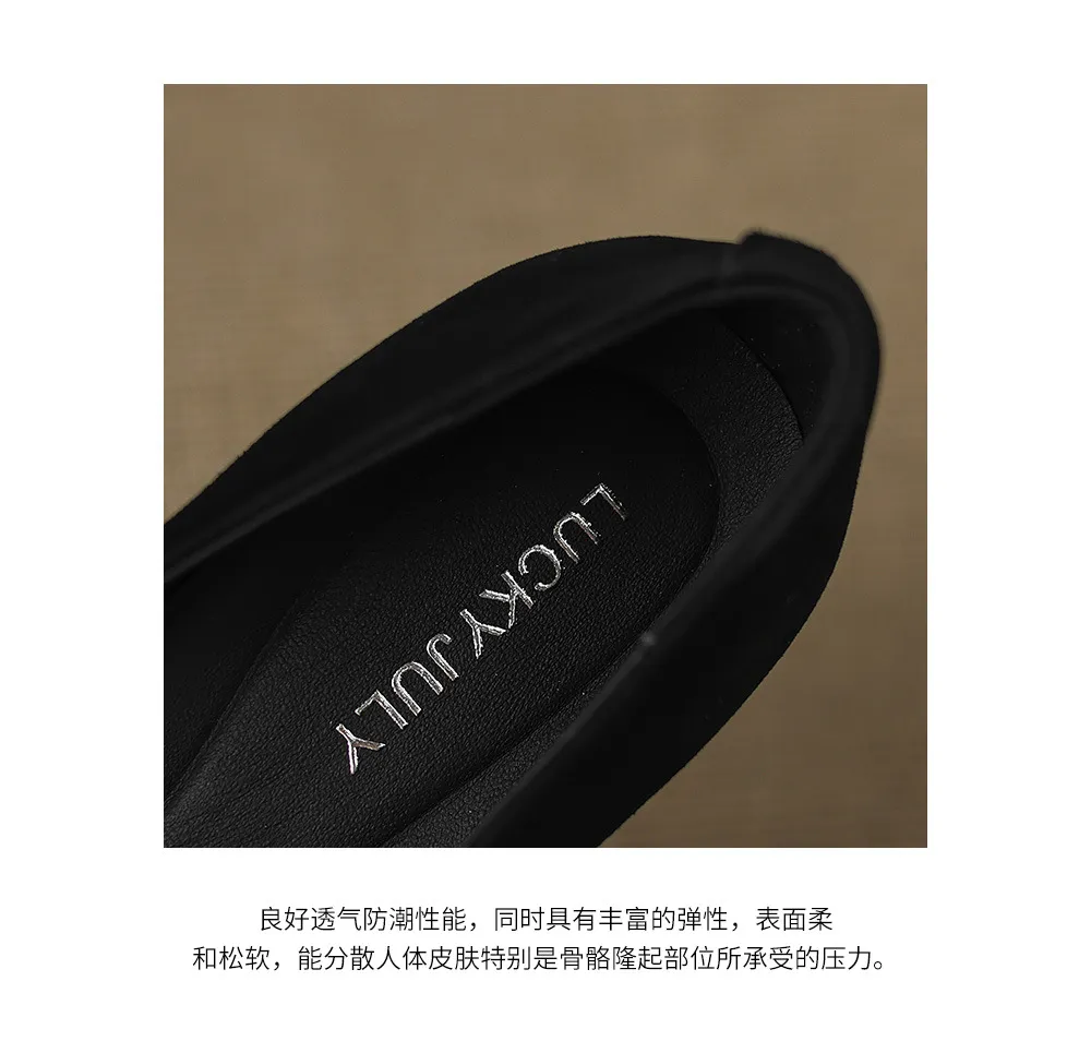 Autumn pointed-toe chunky heel mid-heel flats, low-cut sheepskin rhinestone buckle fashion women's shoes