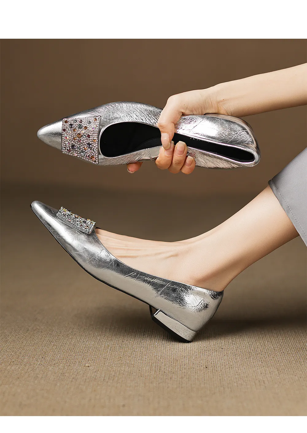 Autumn pointed-toe chunky heel mid-heel flats, low-cut sheepskin rhinestone buckle fashion women's shoes