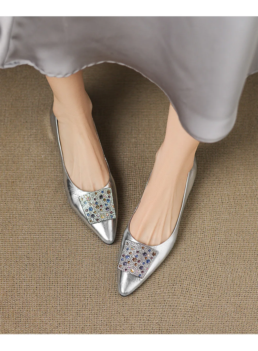 Autumn pointed-toe chunky heel mid-heel flats, low-cut sheepskin rhinestone buckle fashion women's shoes