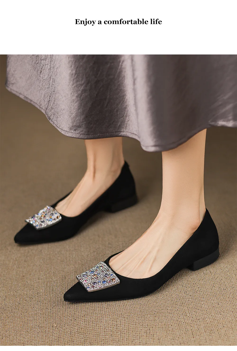 Autumn pointed-toe chunky heel mid-heel flats, low-cut sheepskin rhinestone buckle fashion women's shoes