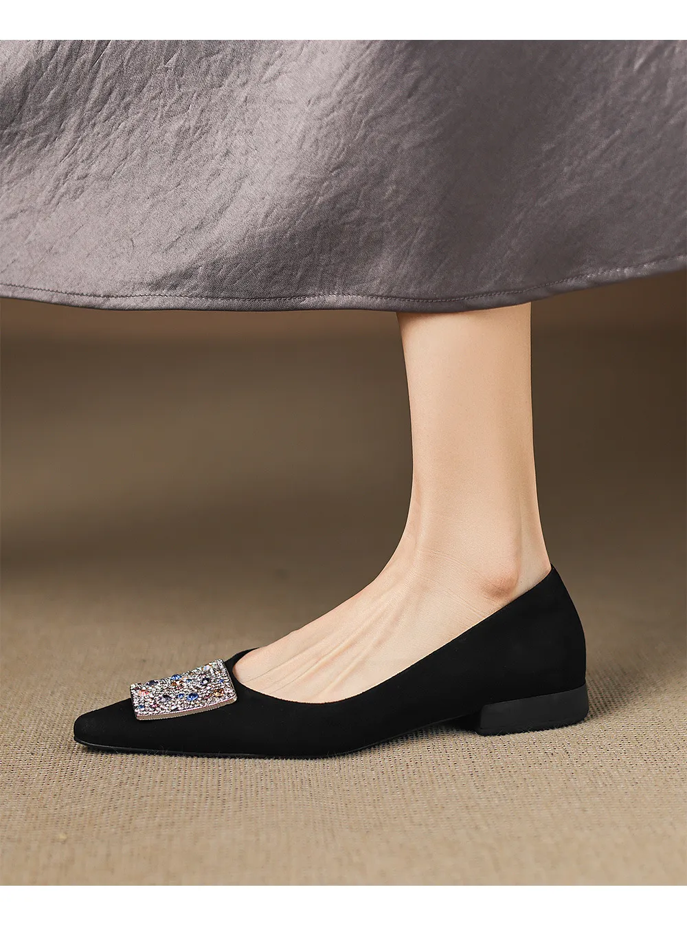 Autumn pointed-toe chunky heel mid-heel flats, low-cut sheepskin rhinestone buckle fashion women's shoes