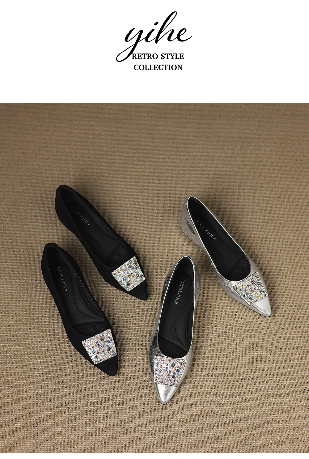 Autumn pointed-toe chunky heel mid-heel flats, low-cut sheepskin rhinestone buckle fashion women's shoes
