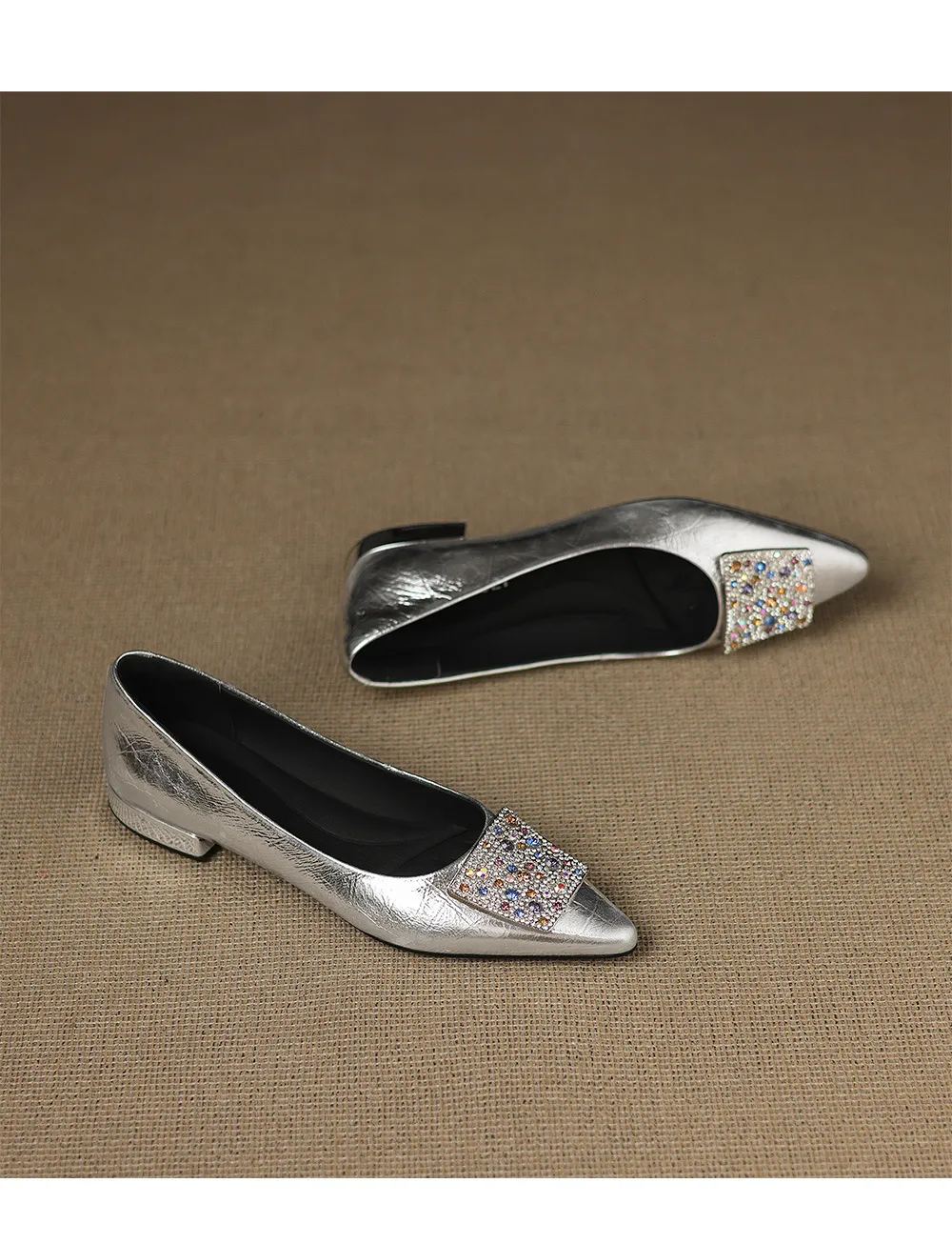 Autumn pointed-toe chunky heel mid-heel flats, low-cut sheepskin rhinestone buckle fashion women's shoes