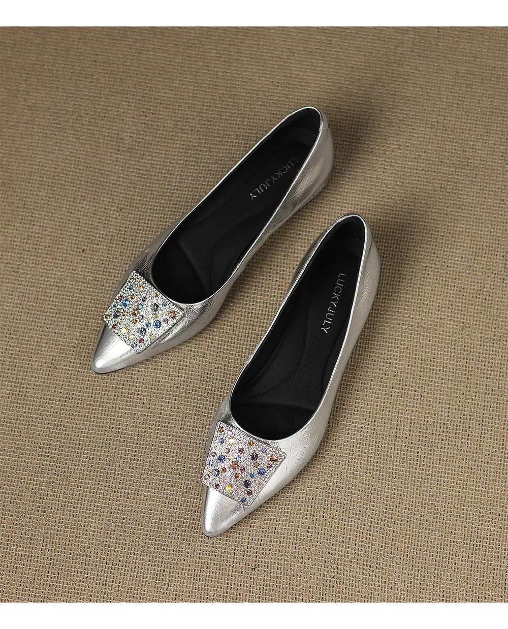 Autumn pointed-toe chunky heel mid-heel flats, low-cut sheepskin rhinestone buckle fashion women's shoes