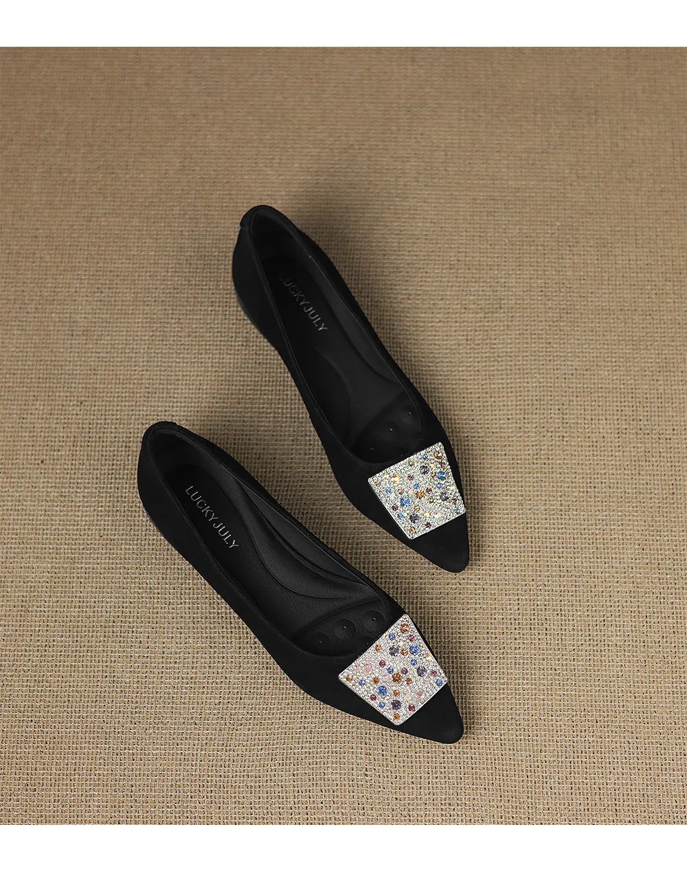 Autumn pointed-toe chunky heel mid-heel flats, low-cut sheepskin rhinestone buckle fashion women's shoes