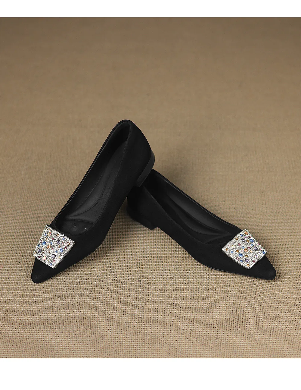 Autumn pointed-toe chunky heel mid-heel flats, low-cut sheepskin rhinestone buckle fashion women's shoes