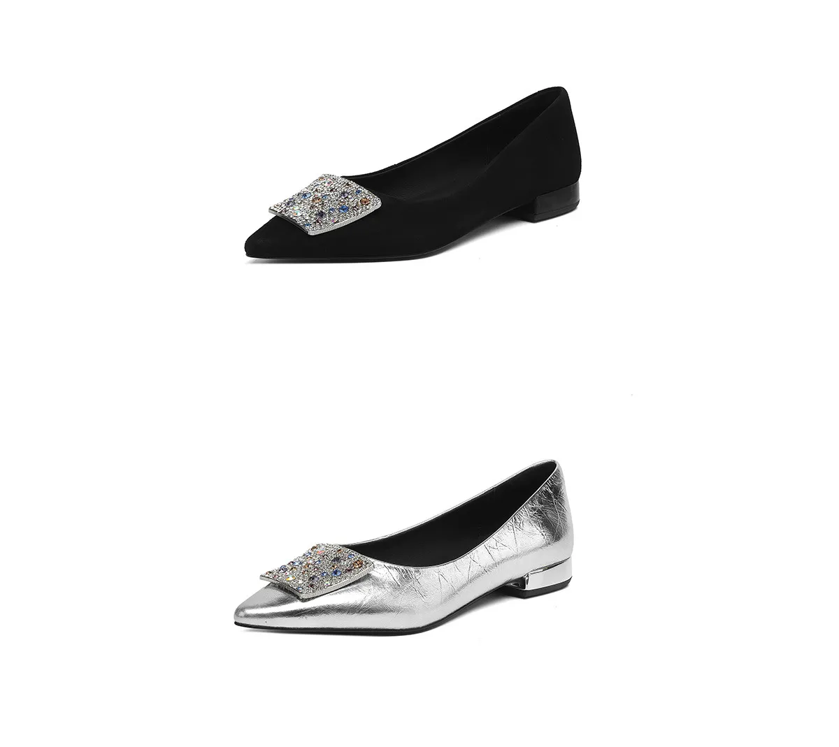 Autumn pointed-toe chunky heel mid-heel flats, low-cut sheepskin rhinestone buckle fashion women's shoes