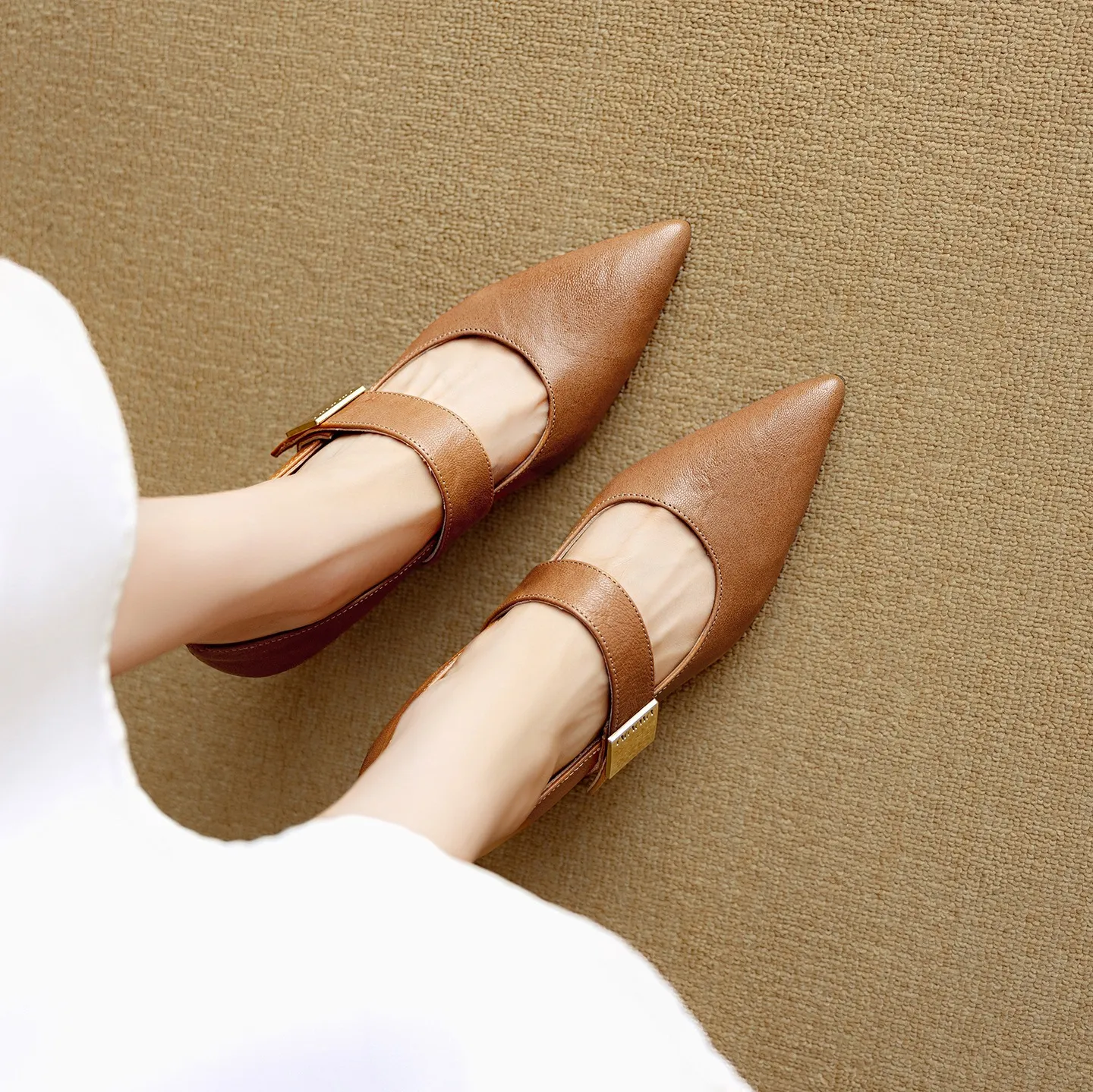 Autumn stiletto heeled pointed-toe low-cut sheepskin French Mary Jane shoes