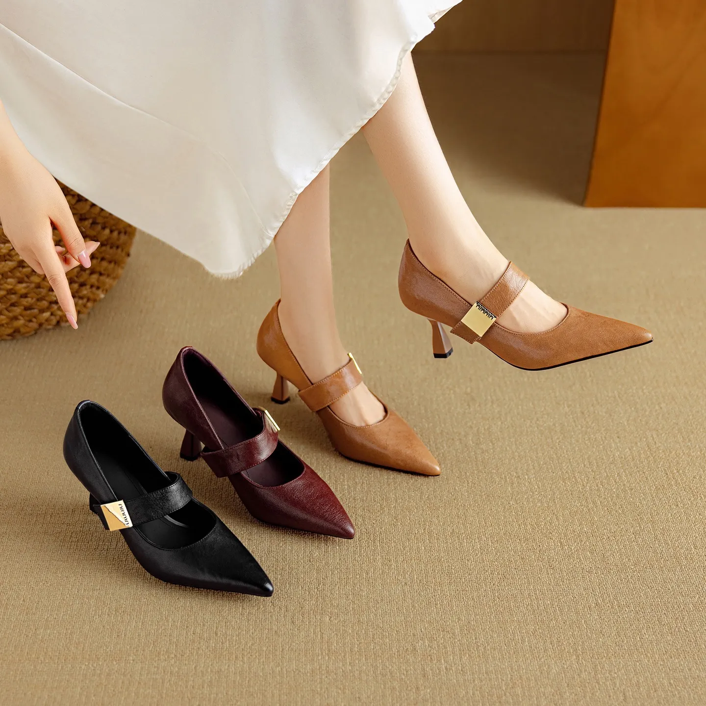 Autumn stiletto heeled pointed-toe low-cut sheepskin French Mary Jane shoes