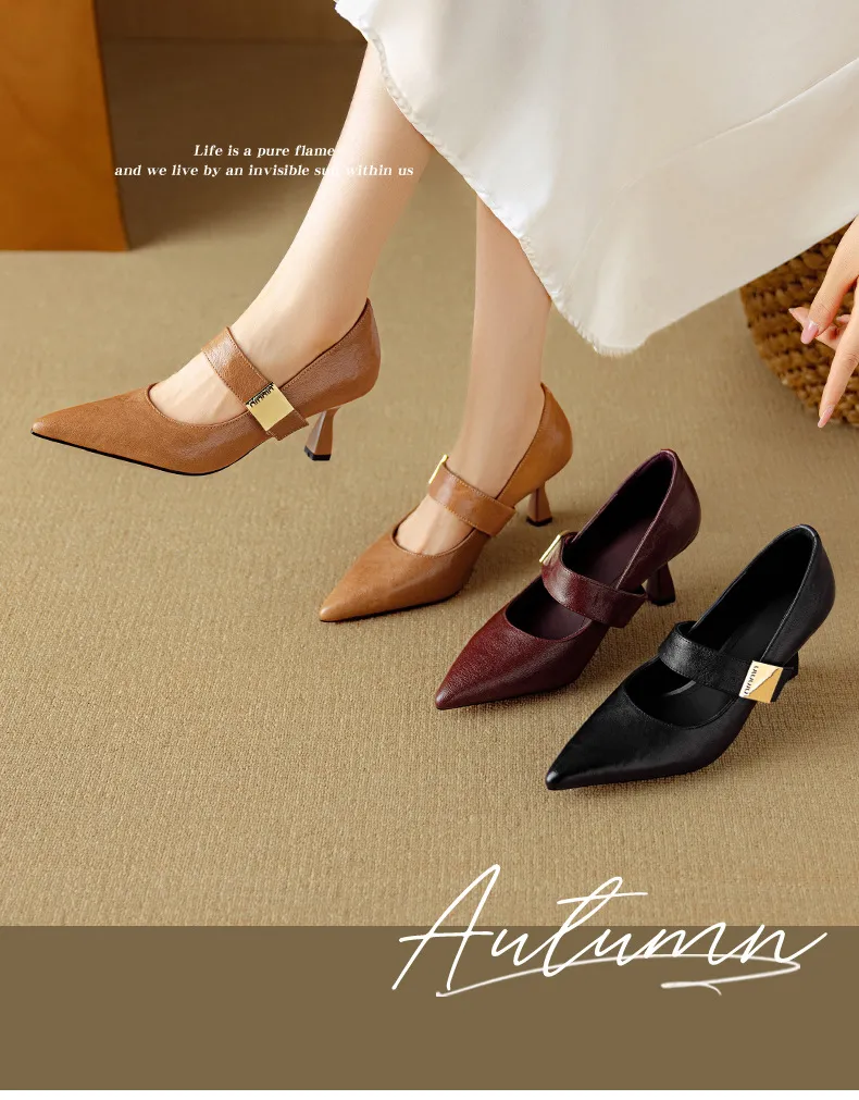 Autumn stiletto heeled pointed-toe low-cut sheepskin French Mary Jane shoes