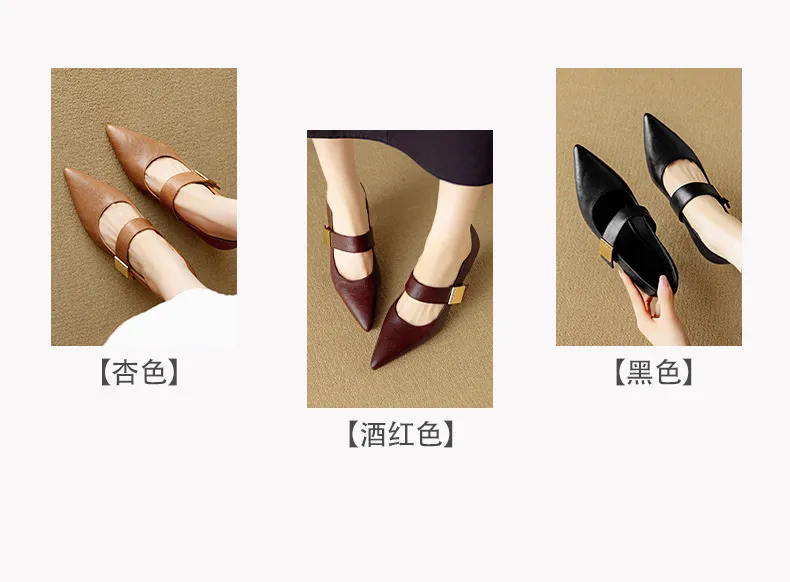Autumn stiletto heeled pointed-toe low-cut sheepskin French Mary Jane shoes